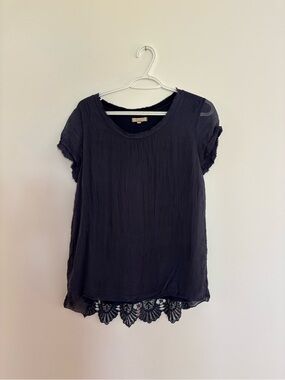 Giusy Navy Blue Short-Sleeve Blouse with Lace Scallop Hem and Back